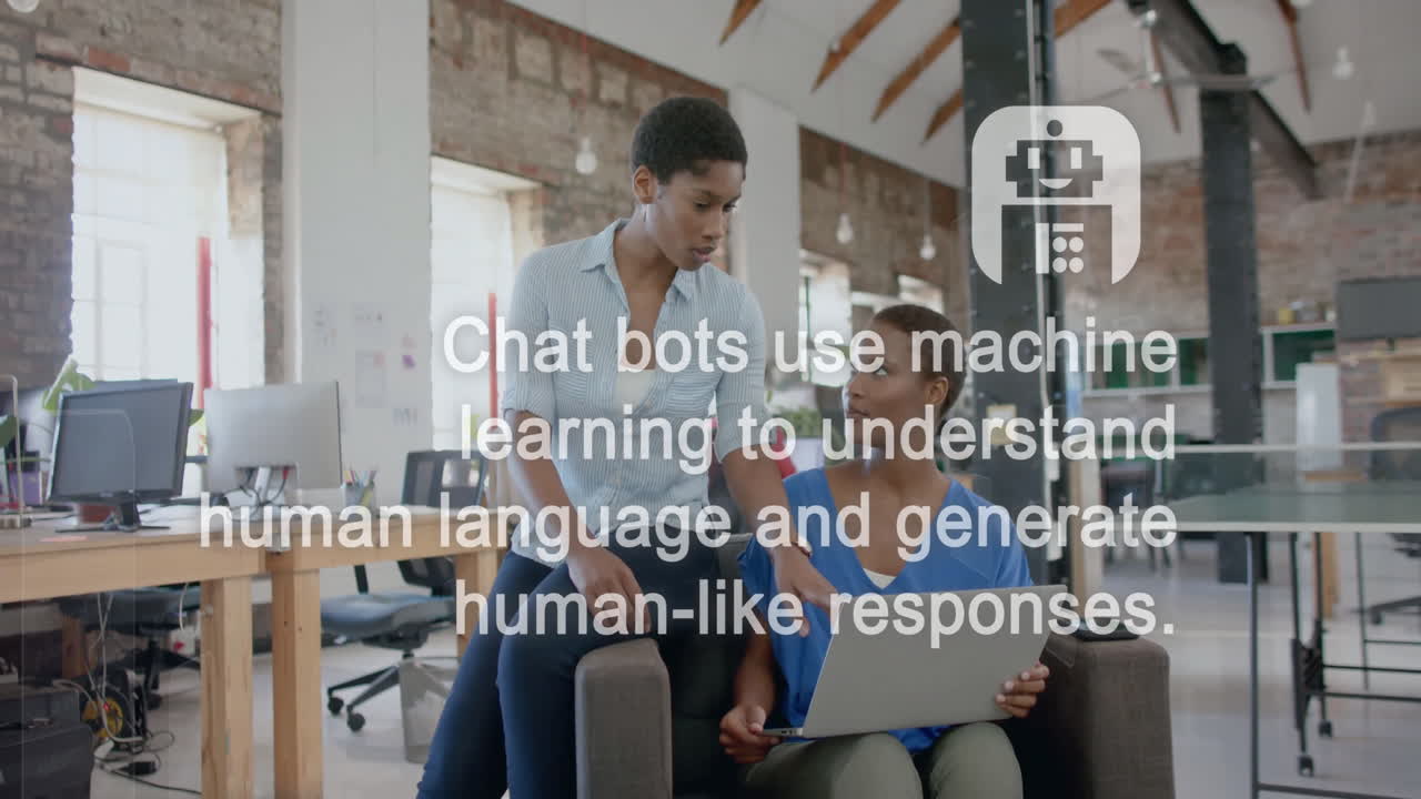Animation of ai chat and icons over biracial female colleagues discussing work in office