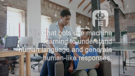 animation of ai chat and icons over biracial female colleagues discussing work in office