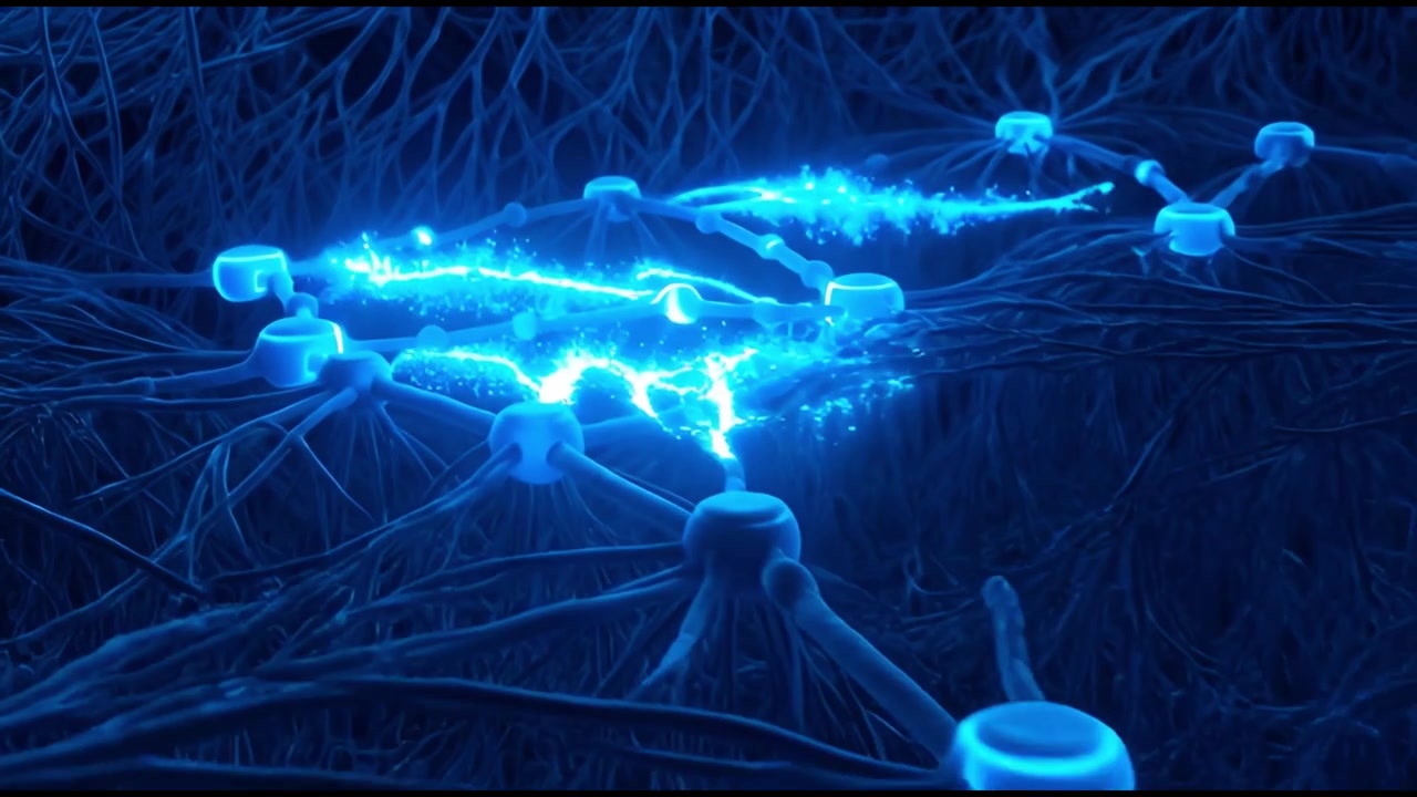 Abstract Digital Neural Network Connecting with Glowing Data Pulses