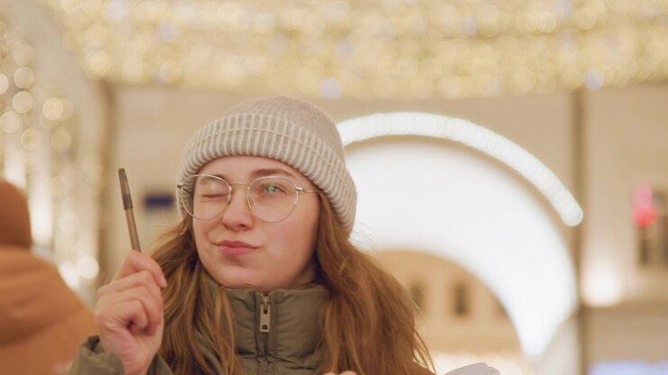 Donna bianca con penna che decide idee, toccando la punta alle labbra e studiando il taccuino sotto una calda illuminazione festiva, l'espressione passa dalla curiosità a un sorriso fiducioso mentre una scelta creativa emerge in un contesto urbano.
