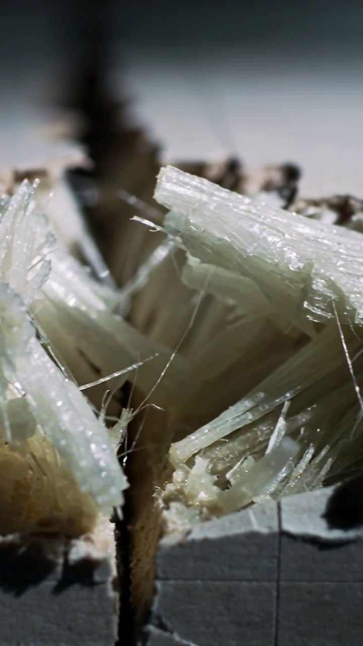 Vertical video: Panning camera examining split fibrous board on bench, revealing translucent fibers