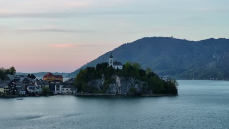 Drone-Shot-of-Johannesberg-Chapel-Above-Traunsee-Lake,-Traunkirchen,-Austria