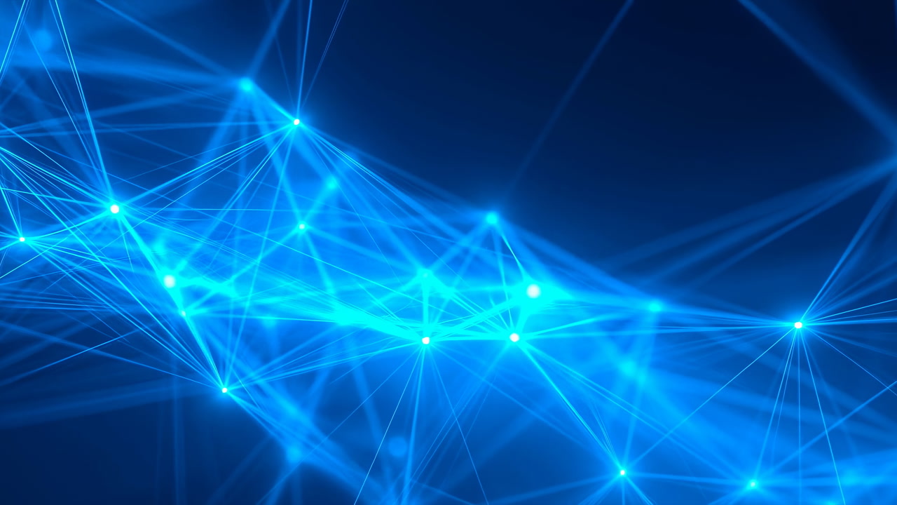 Calm Blue Node Network Pulsing Light Across Depth, Multiple Glowing Junctions Linked By Translucent Strands,