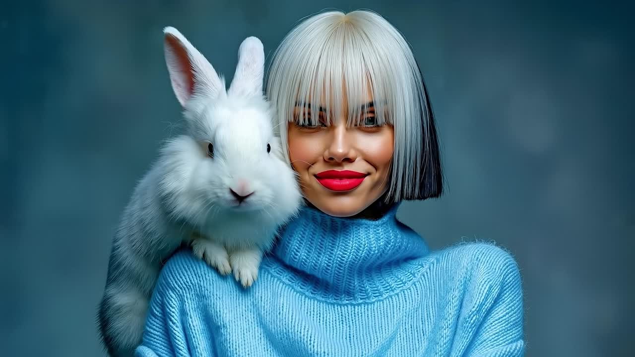 una mujer sosteniendo un conejo blanco en sus brazos