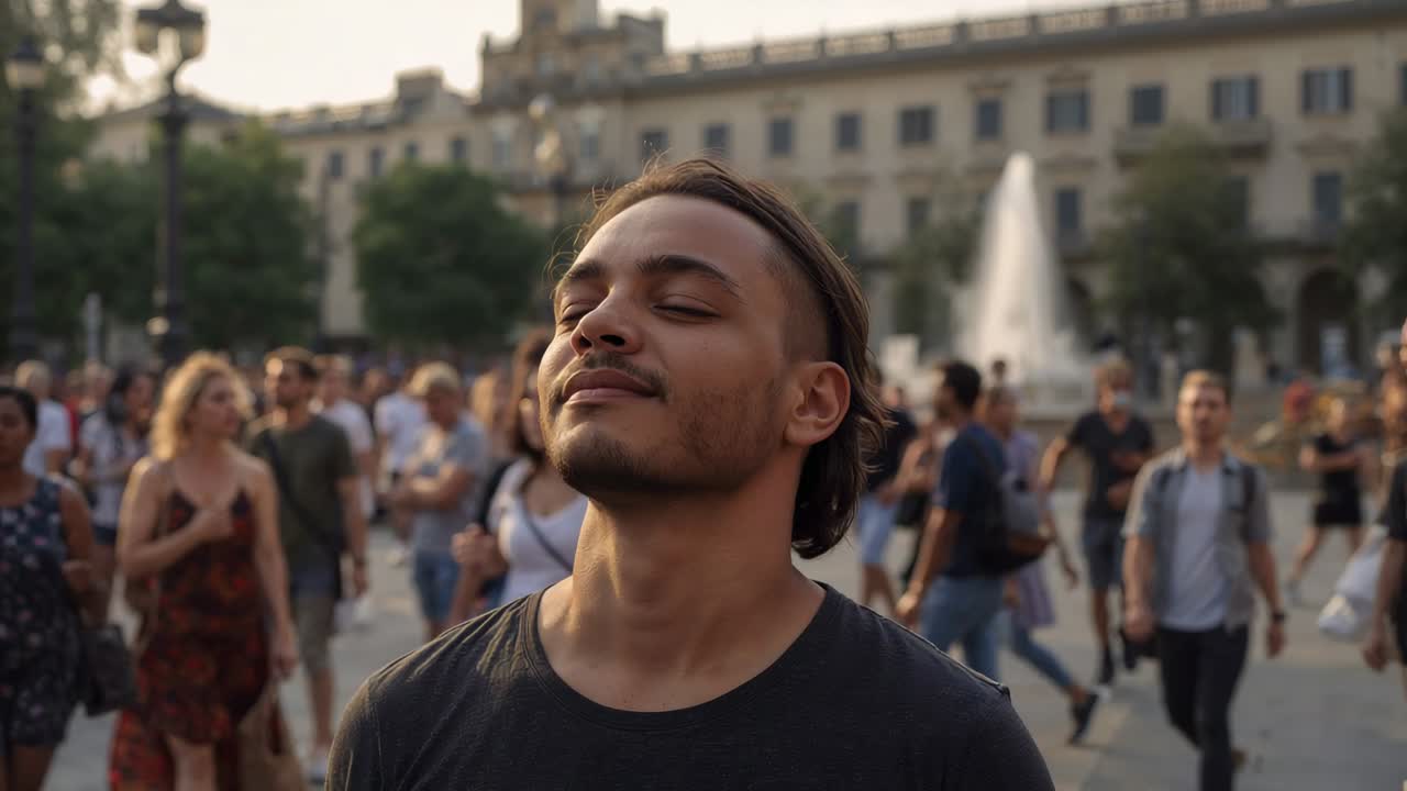Uomo in piedi con una maglietta scura che tiene gli occhi chiusi, mentre si crogiola alla luce del sole con una folla che gli scorre accanto vicino alla fontana
