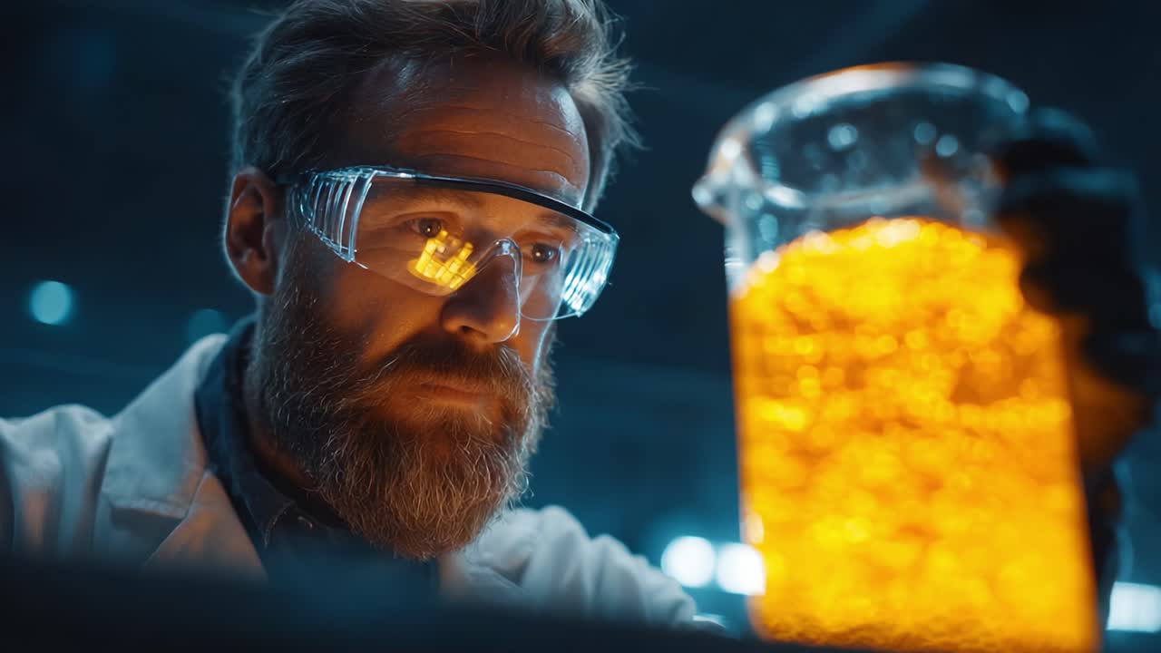 Intense Focus on Chemical Reaction Unveils Elusive Properties of Vivid Liquid, Showcasing the Scientist's Passion for Exploration and Discovery in the Lab Environment