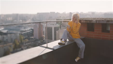 blonde woman on a terrace