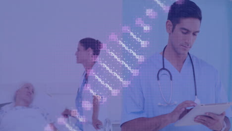 healthcare professionals analyzing digital dna strand animation in laboratory setting