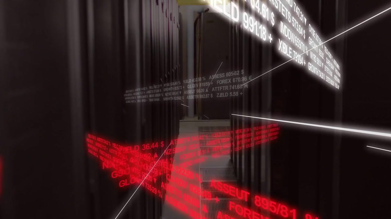 Vertical video: Camera flying down rack aisle, white red tickers scrolling visualizing market data