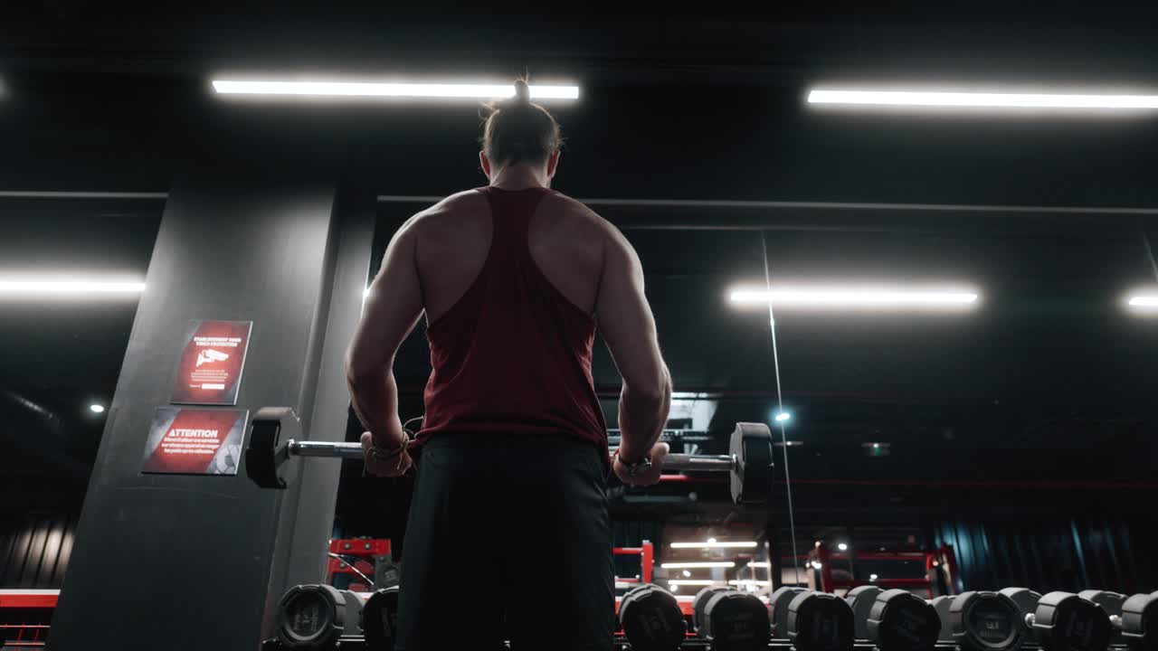 Atleta masculino haciendo curls de bíceps controlados de pie frente a un espejo de gimnasio