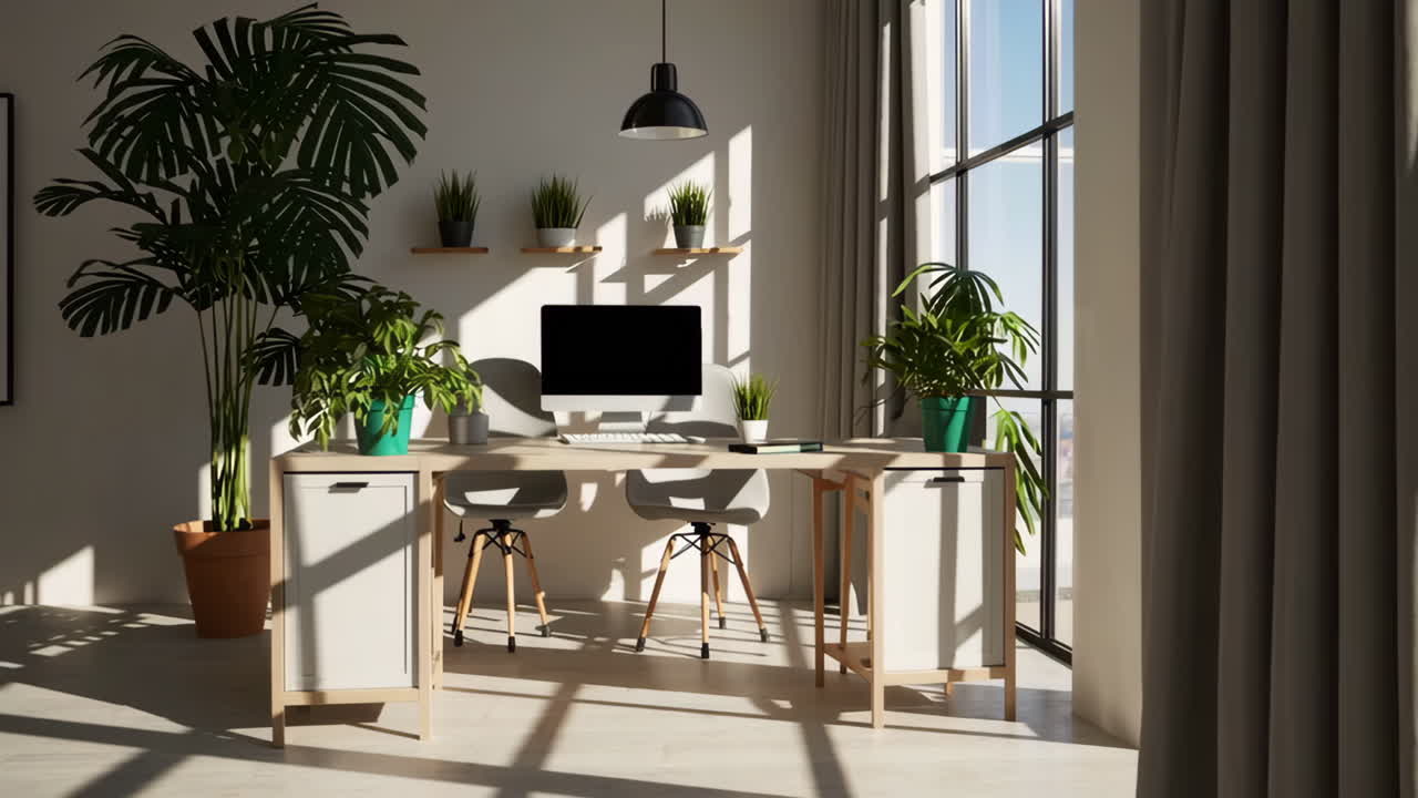 Modern Home Office with Plants and Natural Light
