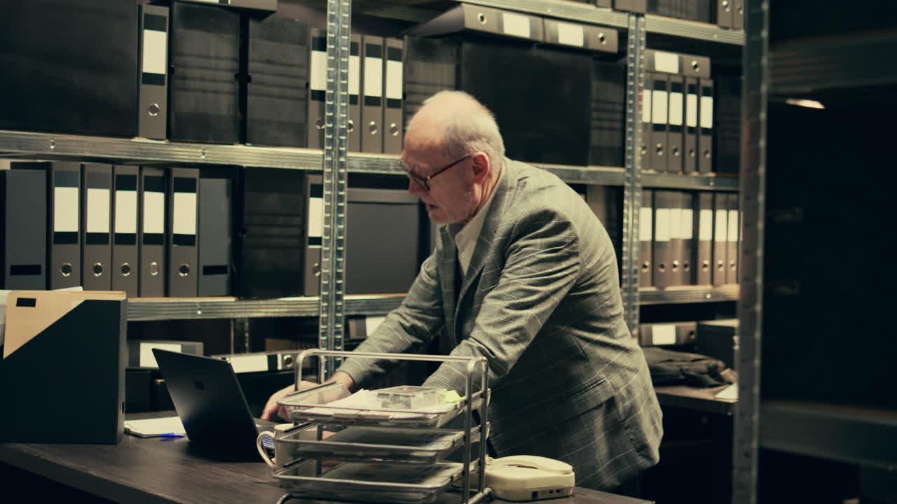 Senior private agent working on criminal report with classified data