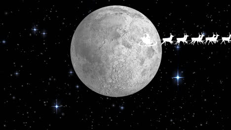 animación de santa claus en trineo con renos sobre la luna y las estrellas