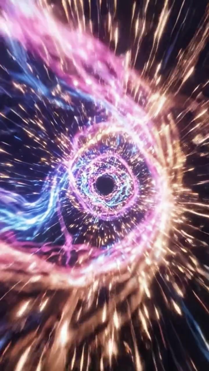 Un túnel cósmico vibrante y arremolinado donde brillantes haces de luz rosa y azul crean un viaje visual hipnotizante, encapsulando la esencia de la energía dinámica en movimiento
