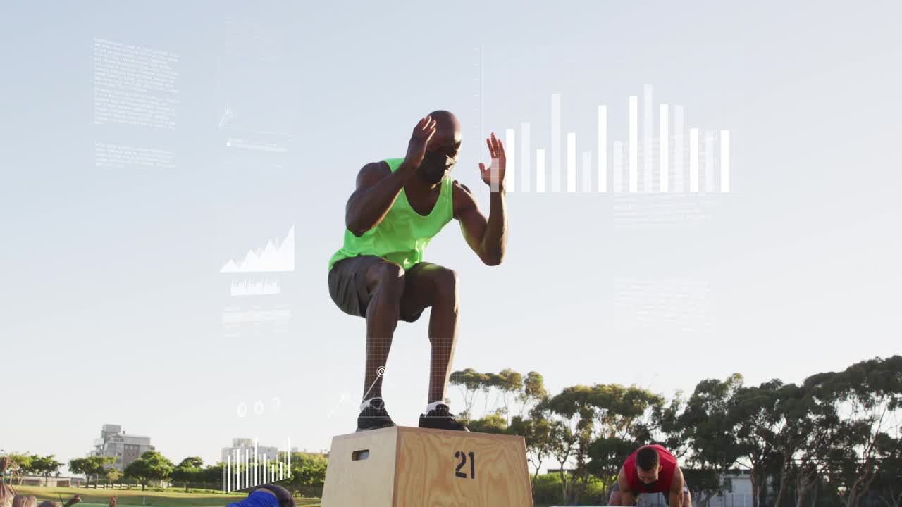 Man in green bracing stance, launching into plyo box jumps for fitness animated charts showing data