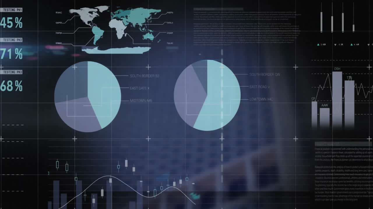 Animation of digital data processing over statistics on dark background