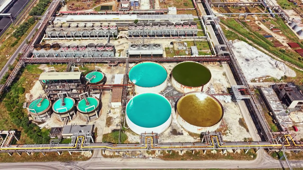 Industrial facility showing large storage tanks with blue and green liquids during daylight