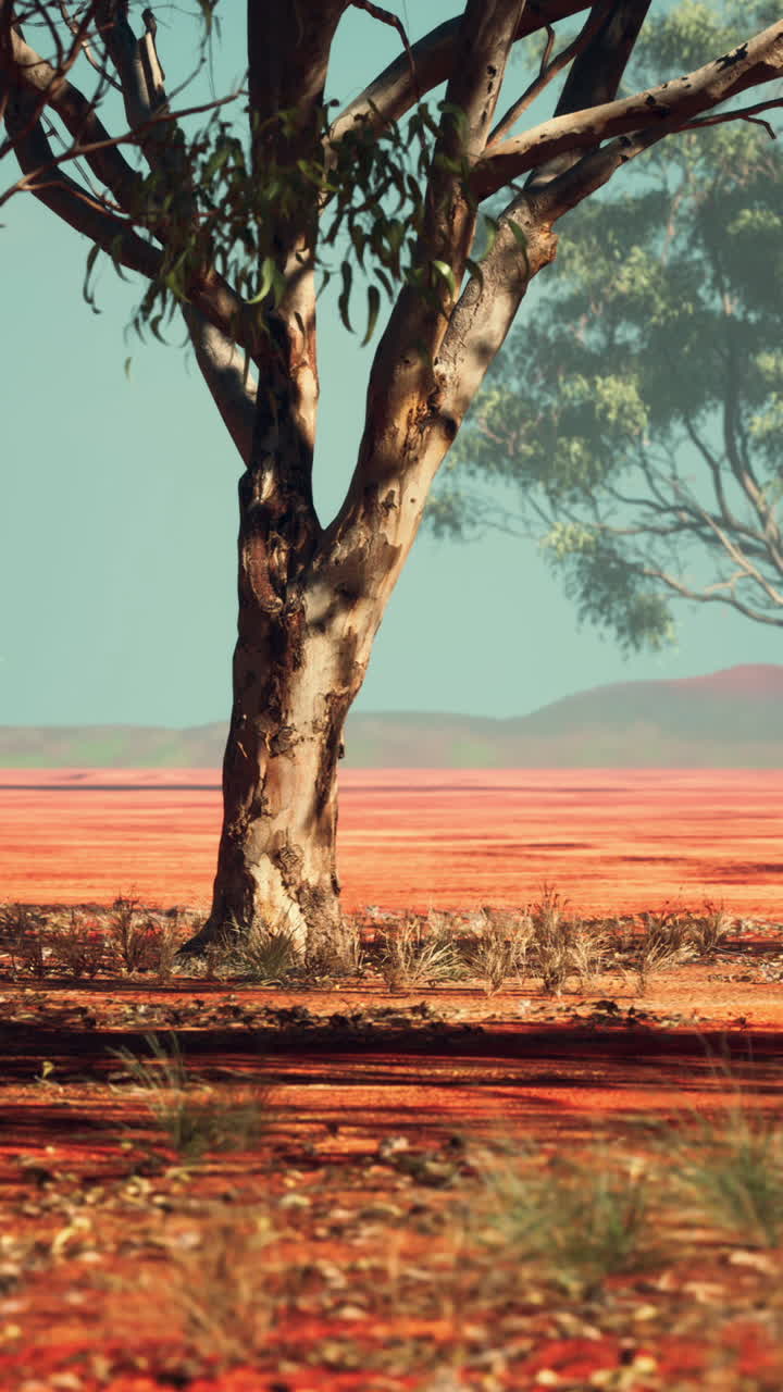 유칼립투스 나무 가 있는 사막 풍경