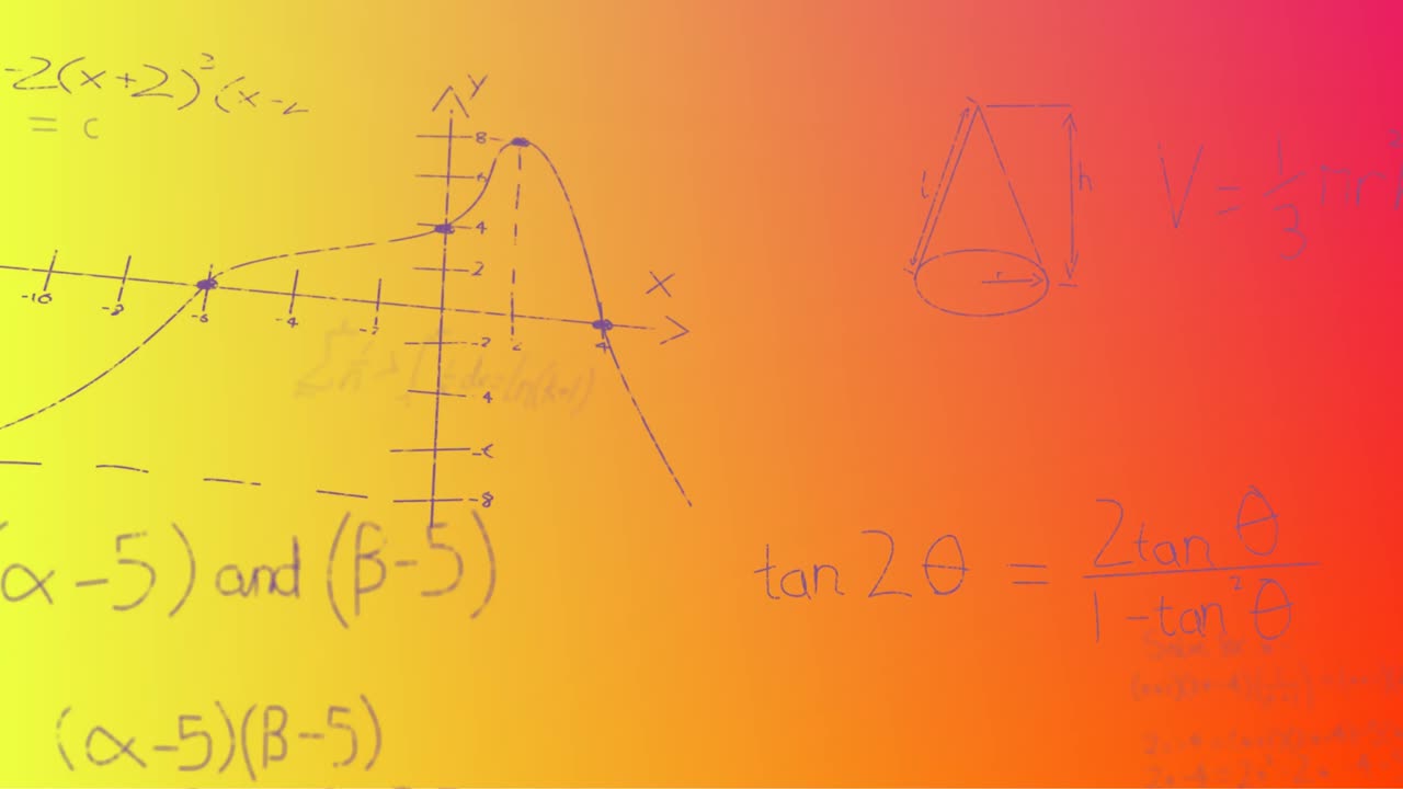 Animation of hand written mathematical formulae over yellow to red background