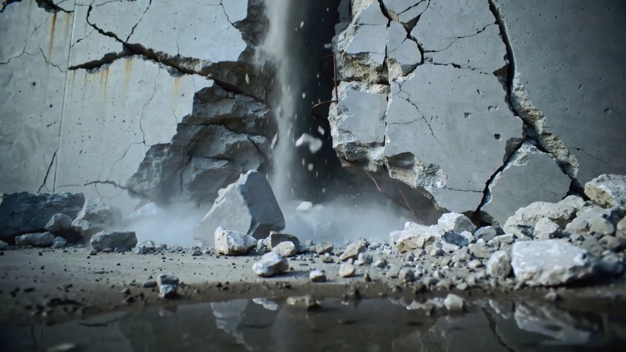 Descending plume eroding concrete wall base in damaged structure, sending slabs and rebar falling