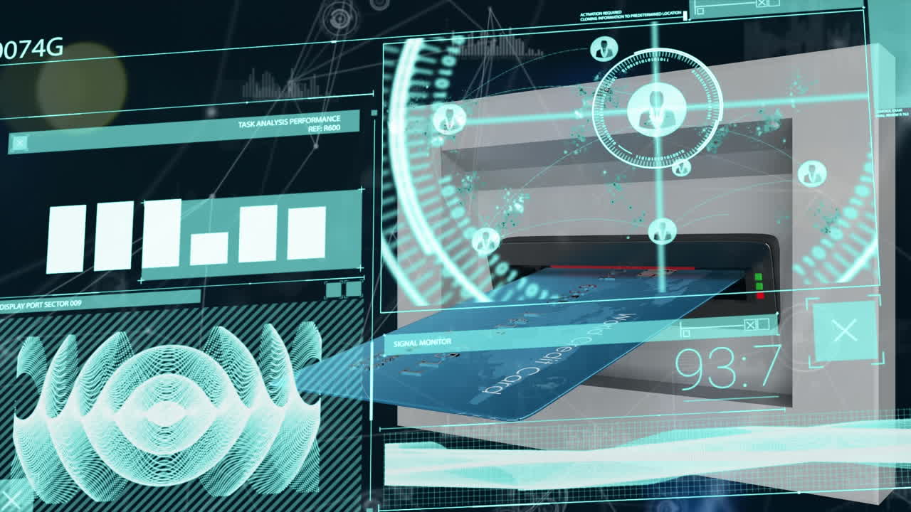 검은색 바탕에 연결 네트워크와 신용 카드를 통해 데이터 처리의 애니메이션