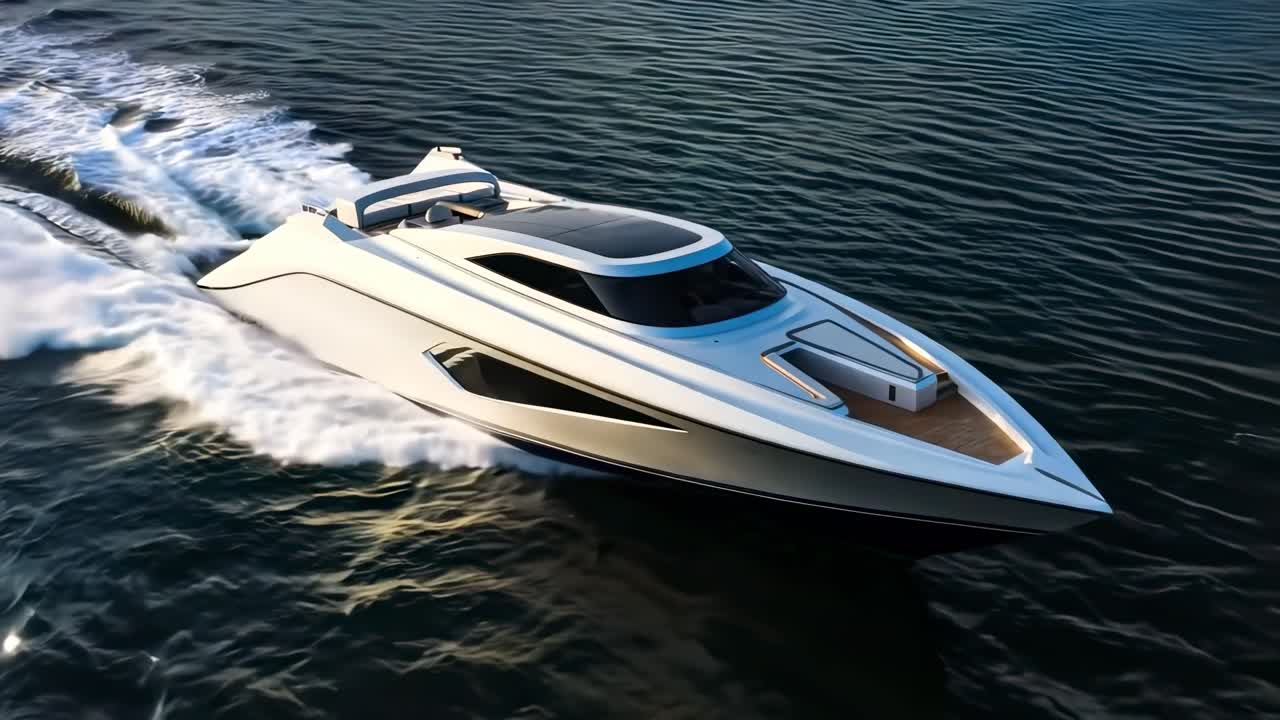 Aerial video captures a sleek, modern yacht speeding across calm waters, showcasing luxury