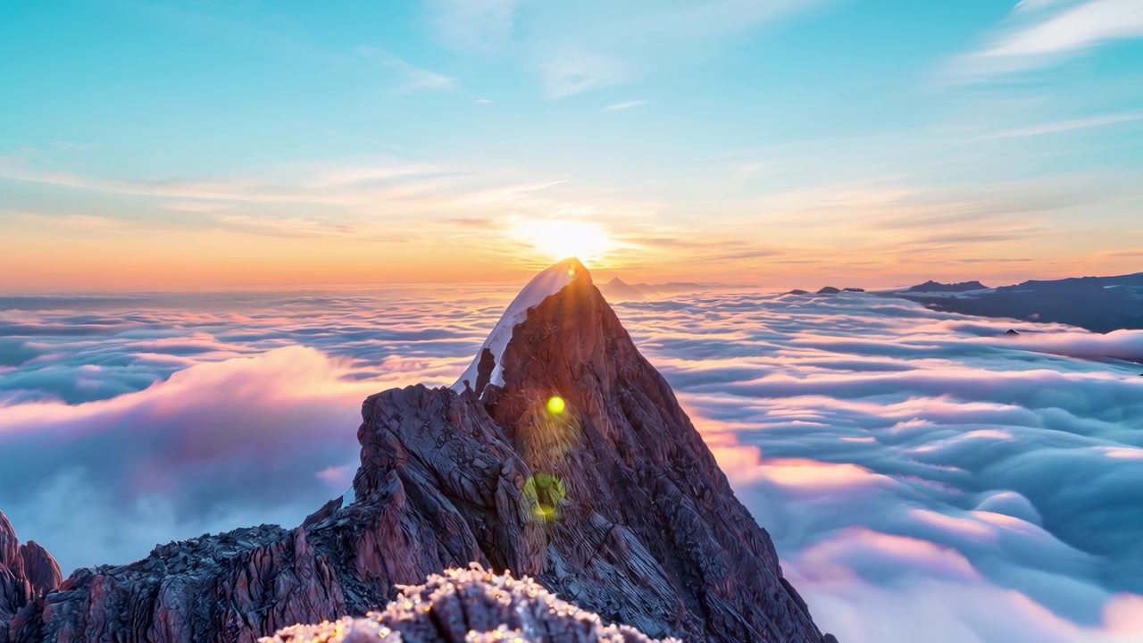 Time-Lapse Matahari Terbit Keemasan di Atas Puncak Gunung dan Lautan Awan