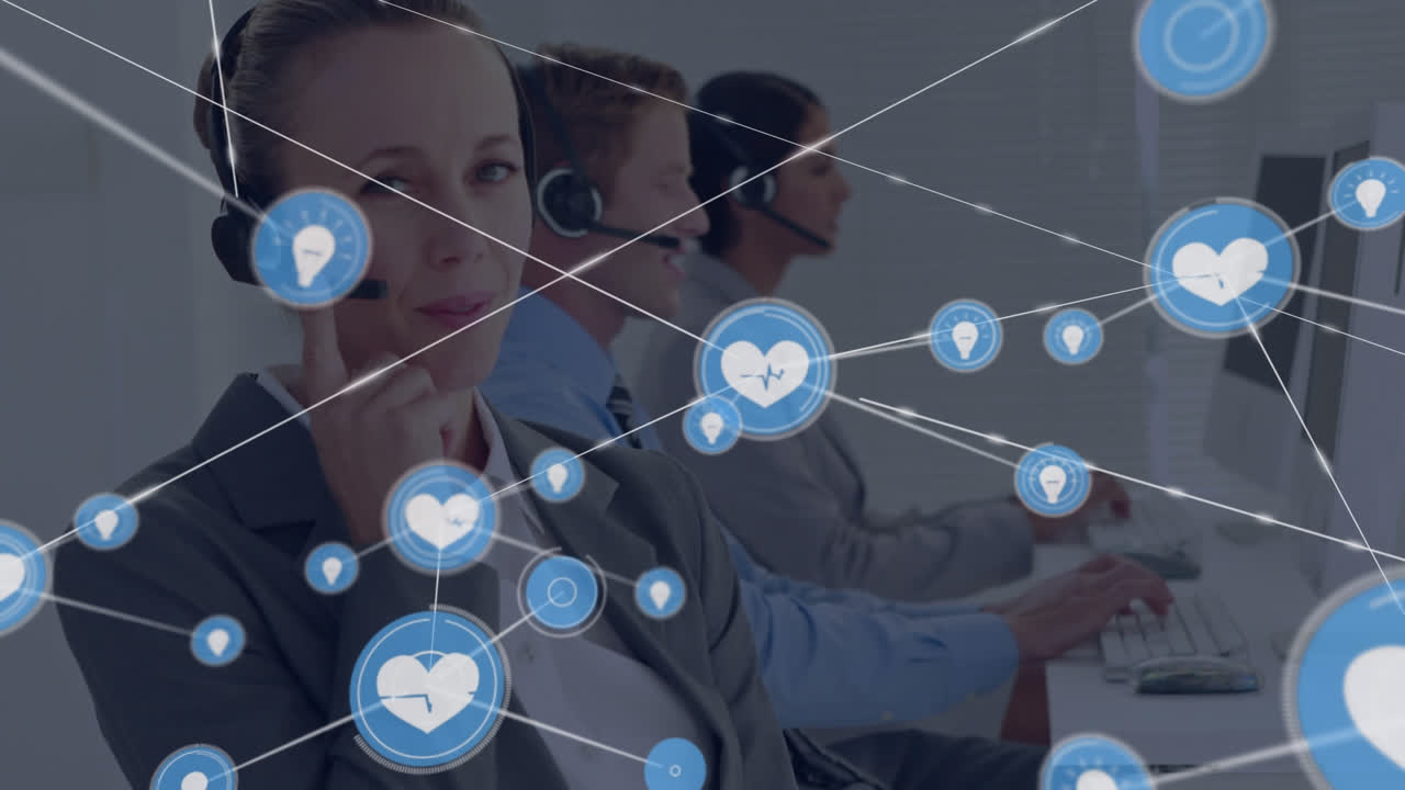 카우카스 여성 고객 서비스 임원 전화 헤드으로 이야기하는 아이콘 네트워크의 애니메이션