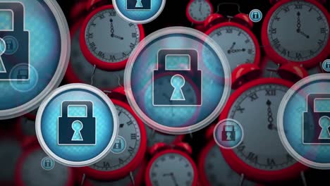 Animation-of-padlock-icon-in-circles-over-multiple-red-alarm-clocks-against-black-background