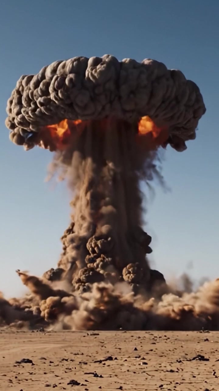 Un'esplosione drammatica scatena un'imponente nuvola a fungo, proiettando ombre sul paesaggio desertico mentre polvere e detriti vengono scagliati in aria in modo spettacolare.