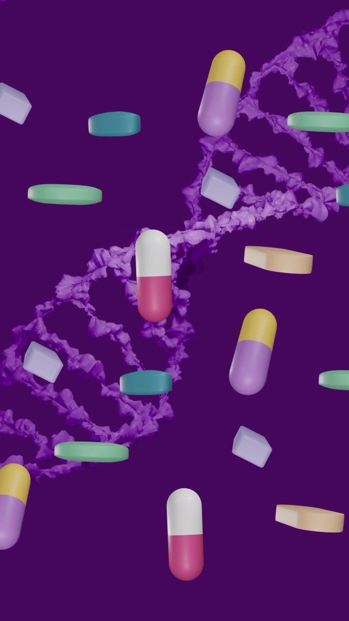 Animation of floating pills and dna strand on purple background