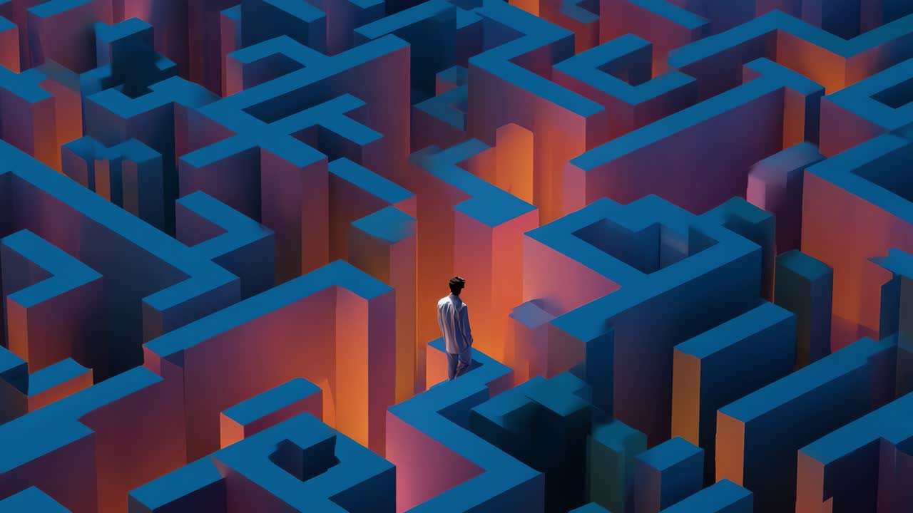 A solitary figure stands at the heart of a vibrant and intricate maze, encapsulated in a blend of cool blue and warm orange hues, symbolizing the journey through challenges and the quest for understanding in a surreal landscape