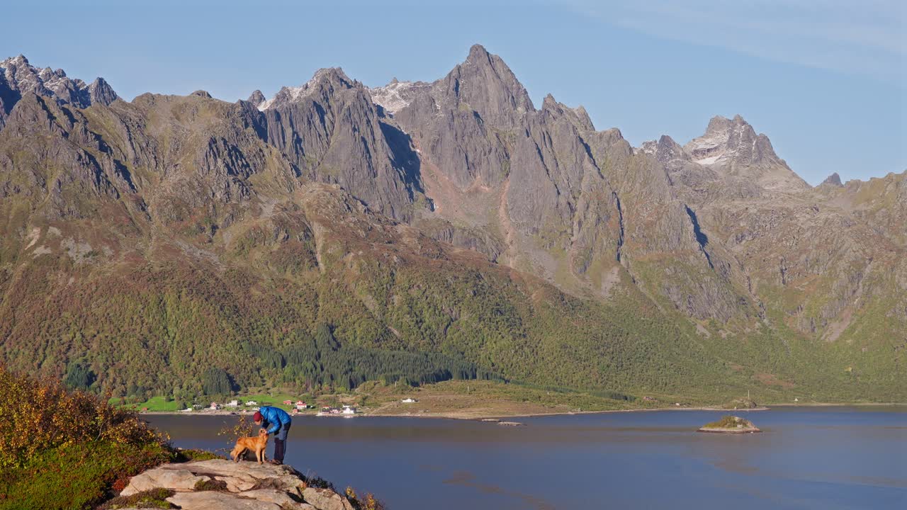 A serene hiker with a dog overlooks Vestarelen mountains and fjord in sunny autumn