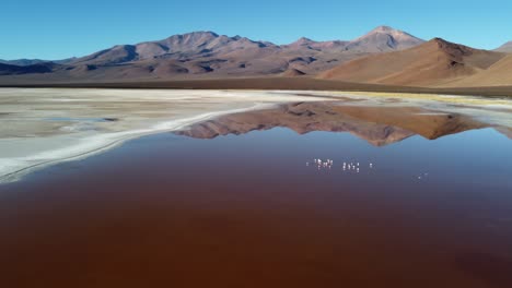 Nature-flyover:-Salt-water-lagoon-reflects-mountains-in-Chile-desert