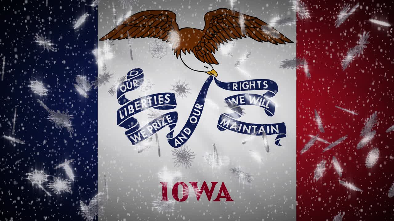 bandera de iowa cayendo nieve, año nuevo y fondo de navidad, bucle