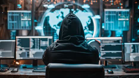 hacker in a dark room with multiple computer screens