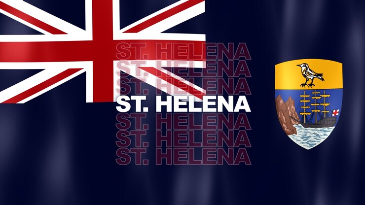 Bandiera Blue Ensign di Sant'Elena con stemma, cresta del fratino di Sant'Elena e testo in sovrimpressione