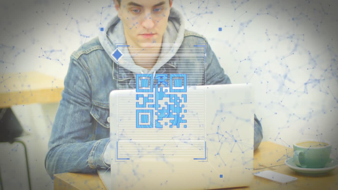 анимация qr-кода и форм над кавказским человеком с помощью ноутбука.