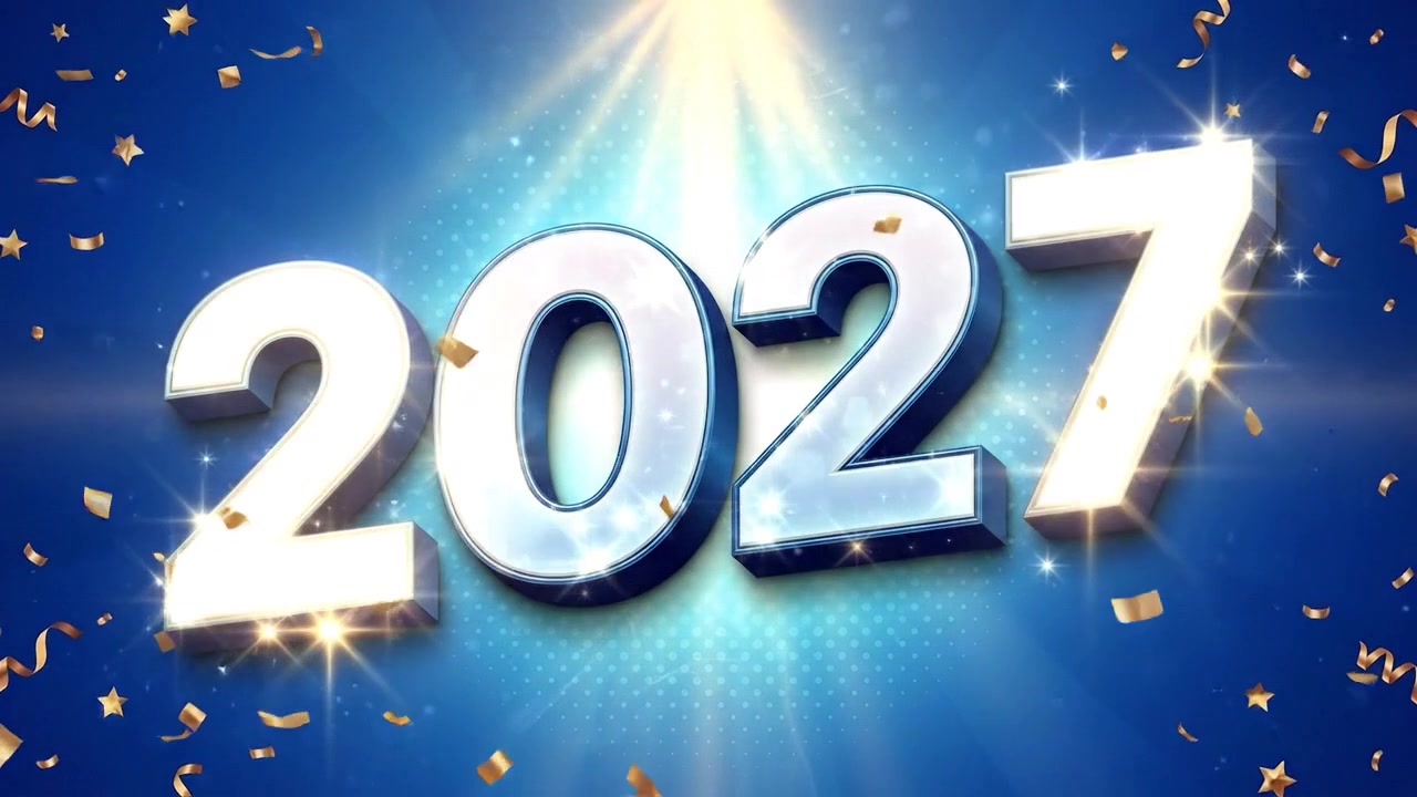 Celebrazione animata del Capodanno 2027 con coriandoli dorati che cadono