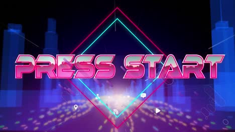 animation of press start text in metallic pink letters over cityscape and grid