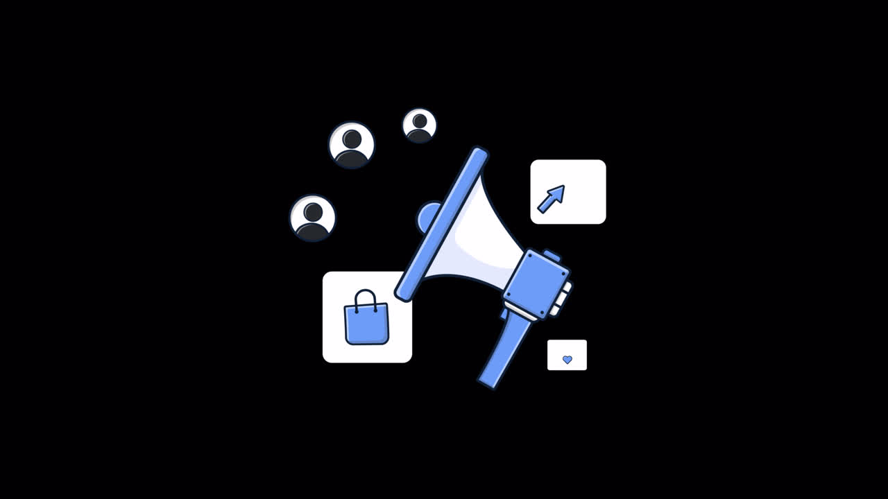 Megafono animato con icone di marketing digitale e business