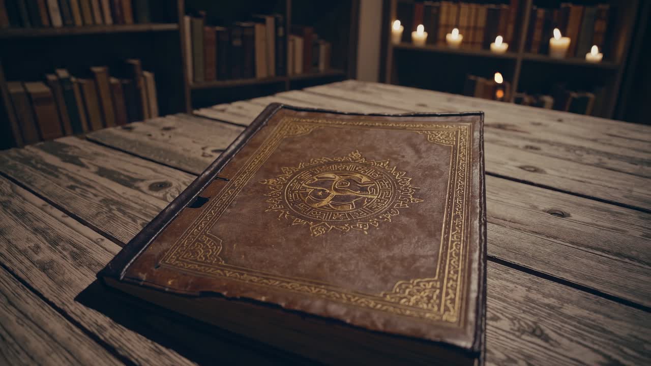 Libro antico in pelle su tavolo di legno