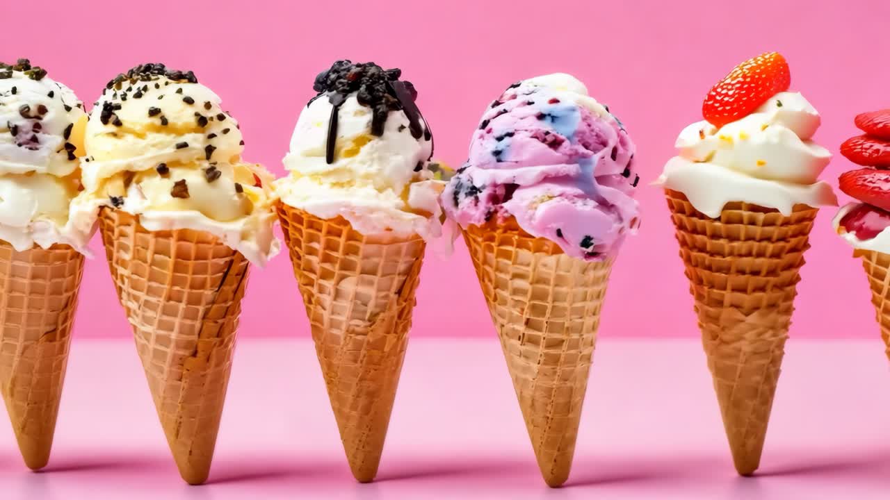 Eine Reihe von Eiscreme-Kegeln, die in einer Reihe auf einem rosa Hintergrund angeordnet sind