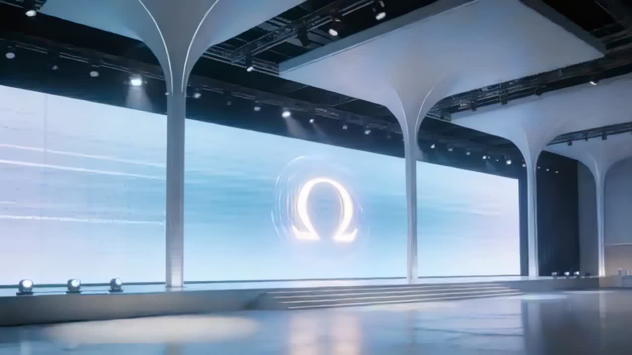 Viser central LED-væg med glødende Omega-emblem, der toner ind efter et systemcue i en eventhal.