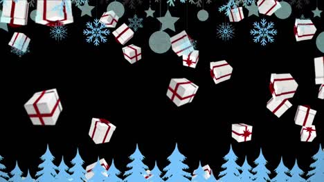 Weihnachtsbäume-Und-Dekorationen-über-Mehreren-Weihnachtsgeschenksymbolen,-Die-Vor-Blauem-Hintergrund-Fallen