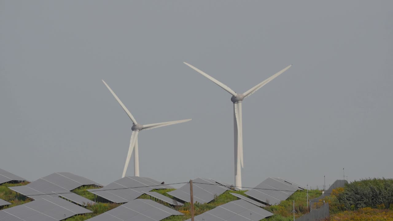 Wind turbines and solar panels generating renewable energy in a sustainable landscape, showcasing clean power technology for environmental conservation and green energy solutions, steady shot