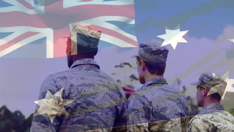 animation of flag of australia waving over diverse soldiers