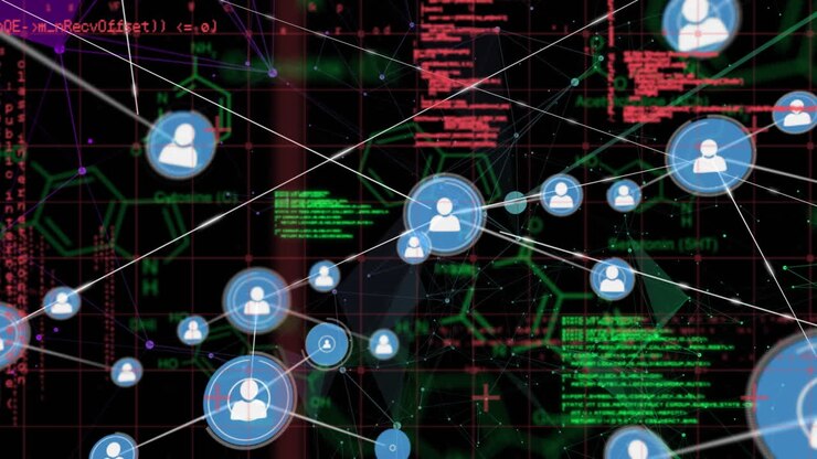 Animation of profile icons connecting dots with coding, molecular formulas on digital interface