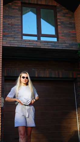beautiful lady demonstrating a grey t-shirt and shorts. long angle view at the woman in sunglasses near the house. vertical video