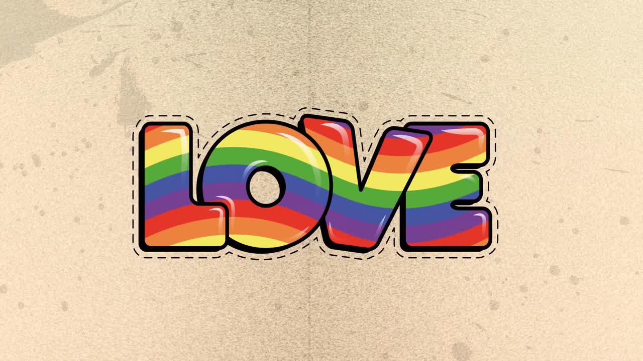 Animation of love text in rainbow colours and stitched outline on yellow background